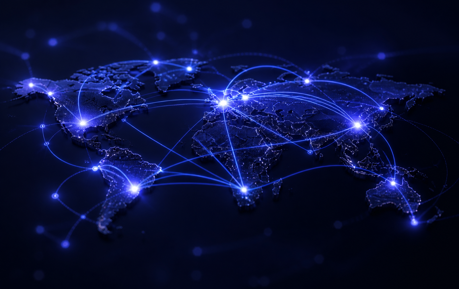 Global supply chain network with illuminated nodes and routes